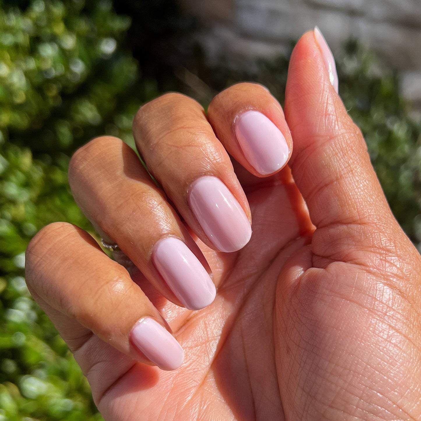 Hand with nails painted in sheer cool pink Strawberry Scone polish for a natural, long-lasting manicure at home