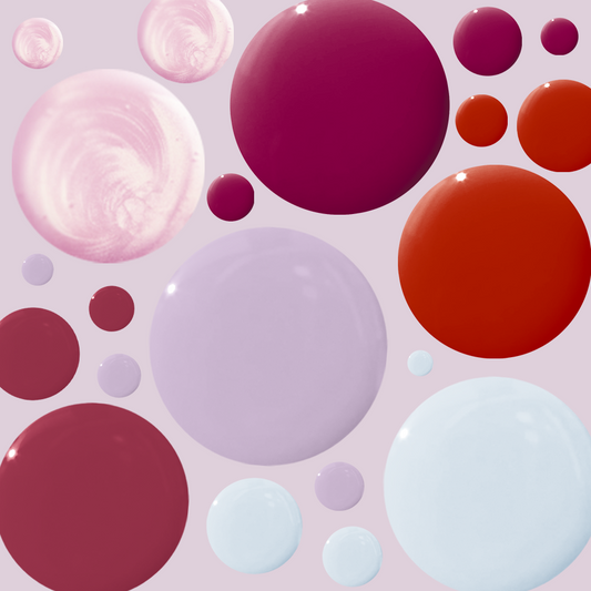 Bestsellers Gel Polish Set showing six vibrant gel polish shades in pink, red, lavender, and light blue droplets for mani use