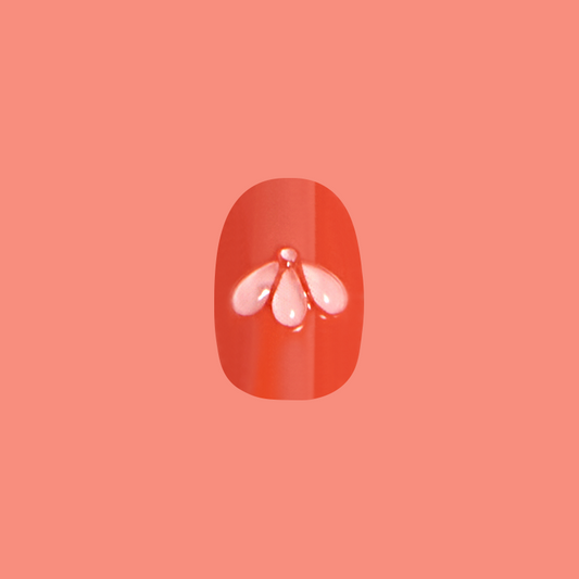 Puffy Pink Petals - Press-On | Extra Short | Round deep red nail with 3D puffy pink petal design for at-home manicure