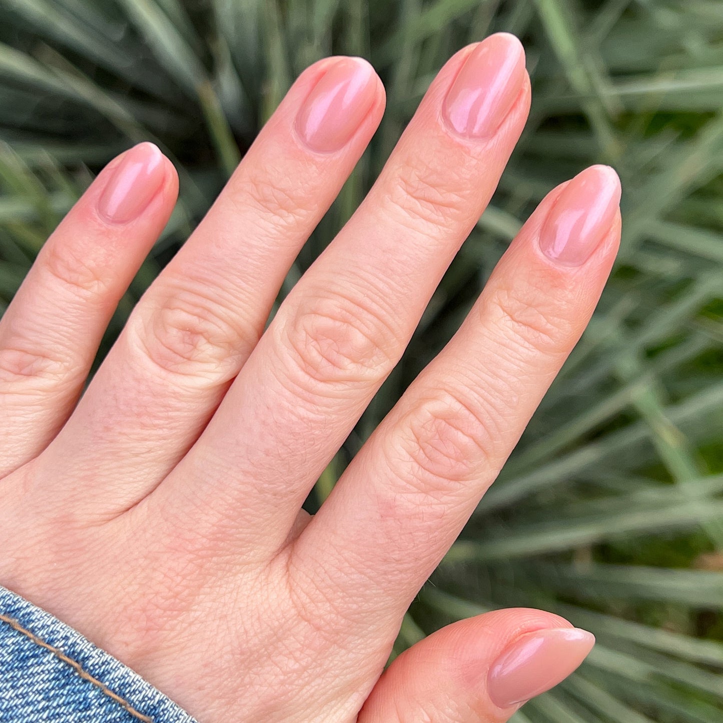 Hand with natural nails painted in glossy Sandy Scallop gel polish showing a soft golden neutral manicure