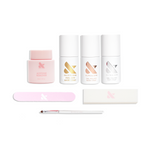 Gel Restock Set featuring acetone remover, base coats, top coat, nail file, buffer, and application brush for mani maintenance