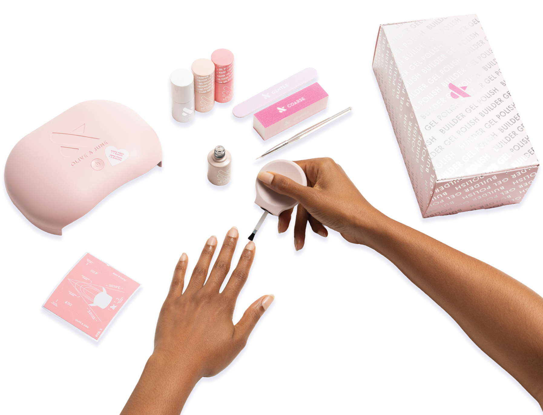 The Gel Mani System + Builder Gel Kit - 6 showing a hand applying gel polish with lamp, nail care tools, and packaging visible