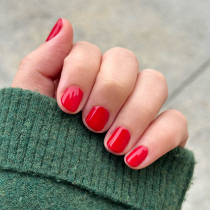 CV - Gel on natural nails in a bright cherry red shade for a glossy, long-lasting at-home manicure by Olive and June