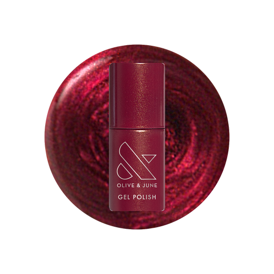 Budget? What Budget Gel deep rose-orange duochrome gel polish bottle on swirled polish background for mani or manicure