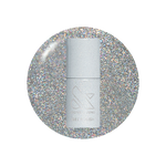 Silver nail polish bottle on a glittery silver background
