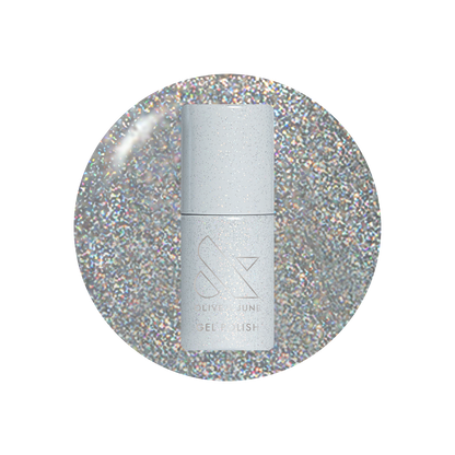 Silver nail polish bottle on a glittery silver background