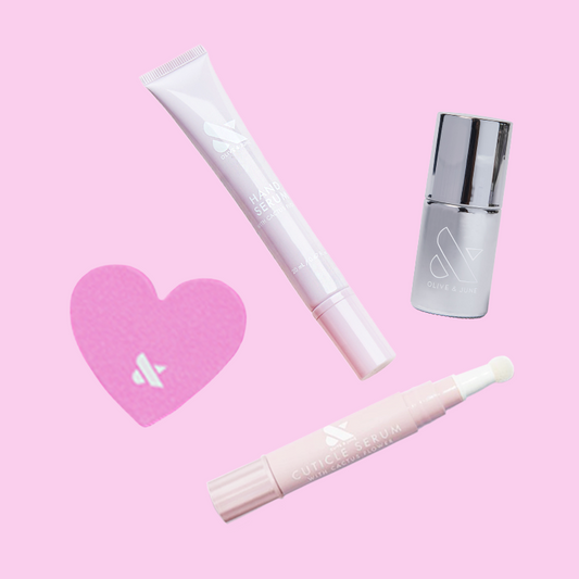 Mani Emergency Set with mini hand and cuticle serums, heart-shaped nail file, and nail polish for quick at-home manicure fixes