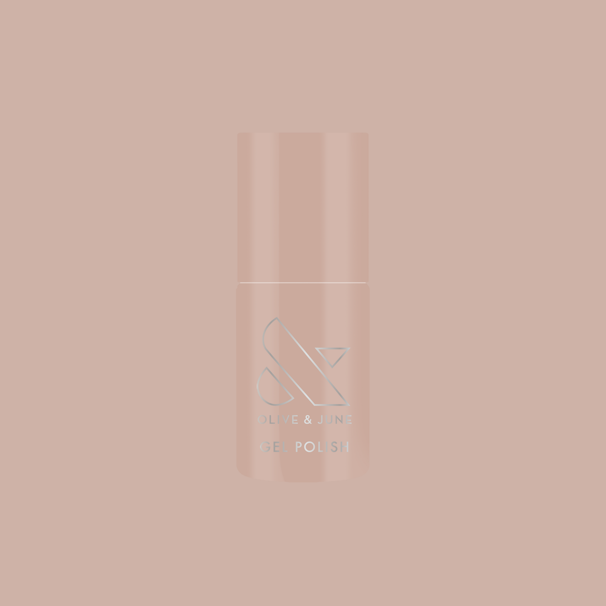 Bottle of CDJ - Gel nail polish by Olive and June in creamy neutral shade on matching soft background