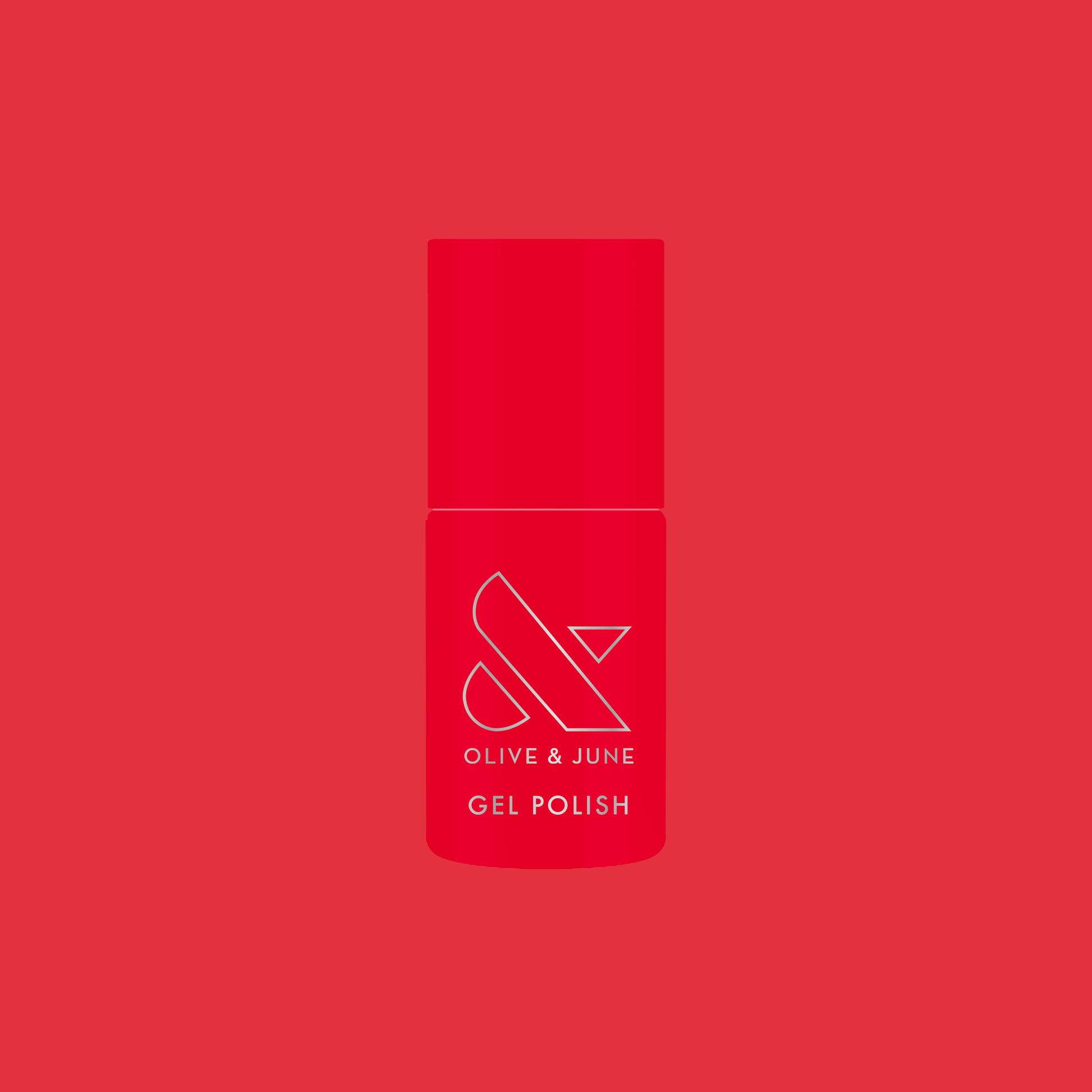 Bottle of Field Day - Gel polish in vibrant watermelon red shade on solid matching red background