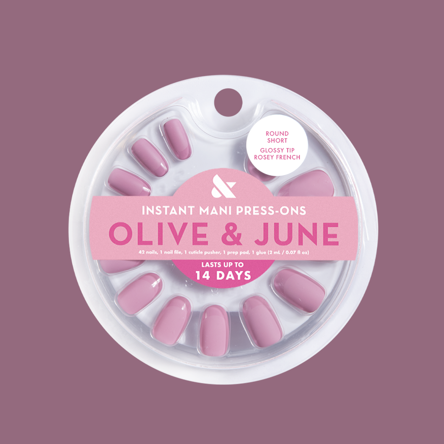 Glossy Tip Rosy French - Press-On | Short | Round false nails with matte rosy base and glossy french tips for easy at-home mani