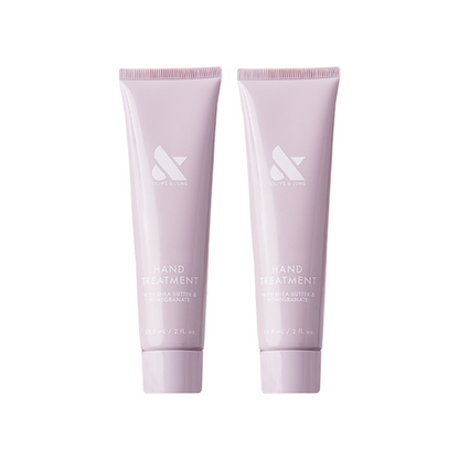 Hand Treatment Duo with Shea Butter and Pomegranate in soft pink tubes for hydrating and renewing hands