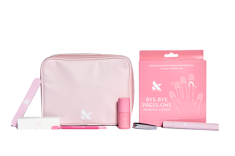 Press-On System - 4 Sets with removal system, nail tools, polish, and pink pouch for easy at-home mani care by Olive and June
