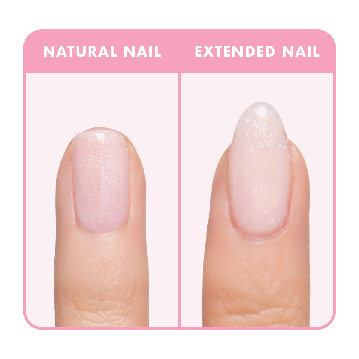 Soft Tint - Builder Gel shown on natural and extended nails with sheer blush pink and fine silver shimmer finish