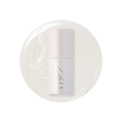Atlas - Gel polish bottle on pearly white gel polish background for a clean and elegant manicure by Olive and June