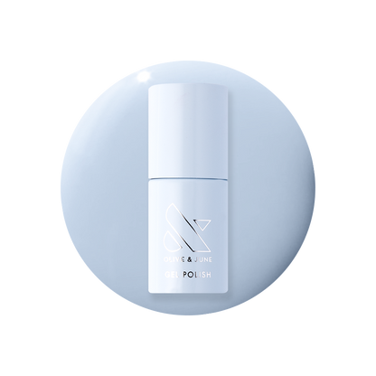 BP - Gel bottle on pastel icy blue background representing a smooth, long-lasting gel polish by Olive and June