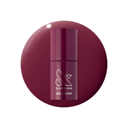 Mulberry - Gel polish bottle on deep maroon background for a rich and long-lasting manicure by Olive and June