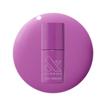 Bottle of Petal - Gel nail polish in bright floral purple shade on matching purple gel polish background