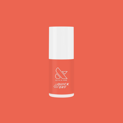 Frolic bright orangey coral quick dry gel polish bottle on solid matching coral background