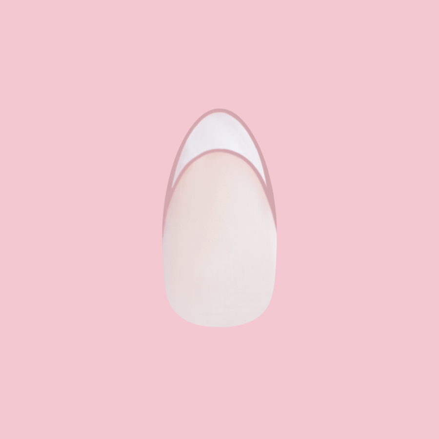 Study Hall Open French - Press-On | Medium | Almond false nail with a classic pinky mauve outlined French tip manicure
