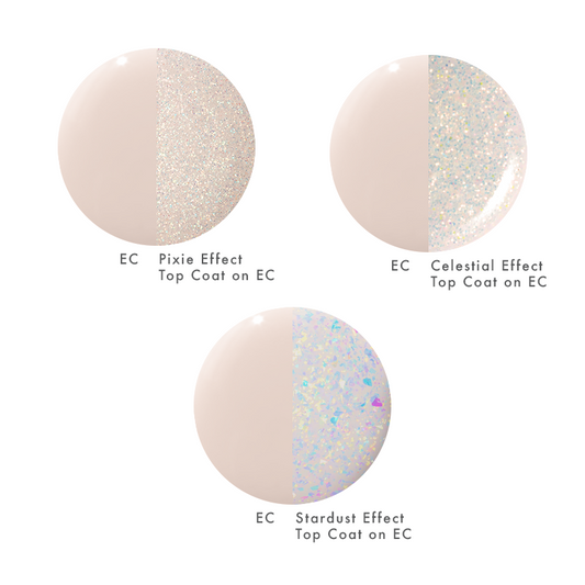 Top Coat Effects Trio showing Pixie, Celestial, and Stardust shimmer effects applied over neutral nail polish for manicure enhancement