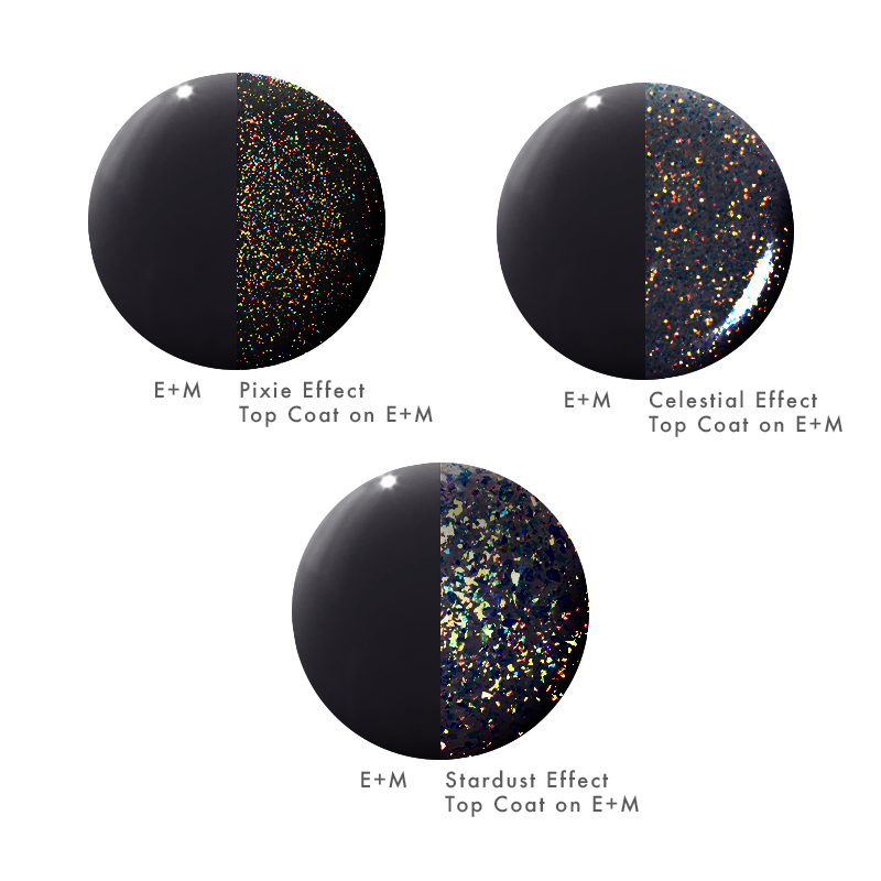 Top Coat Effects Trio showing Pixie, Celestial, and Stardust shimmer effects applied over black polish for manicure enhancement