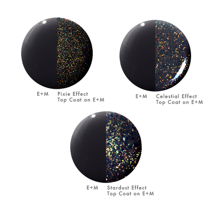 Top Coat Effects Trio showing Pixie, Celestial, and Stardust shimmer effects applied over black polish for manicure enhancement